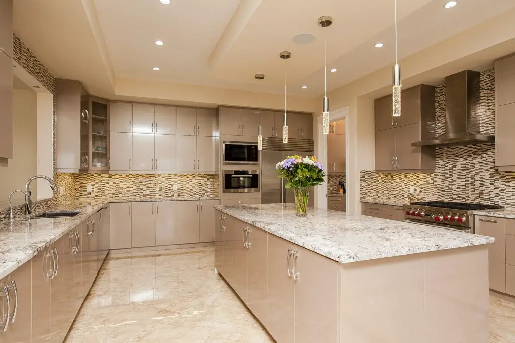 Beautiful beige high gloss kitchen.