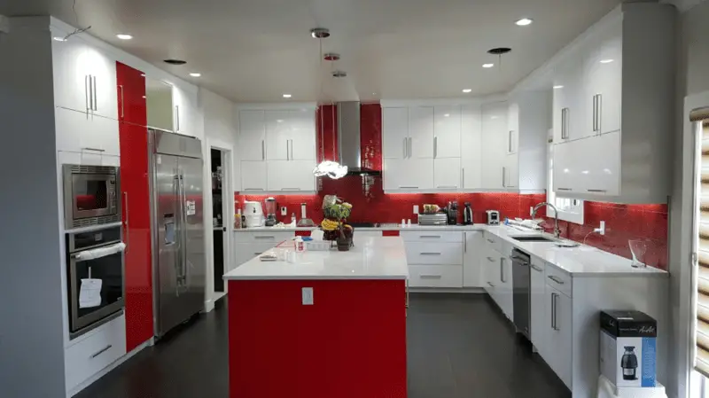 scarlet red white two-tone kitchen