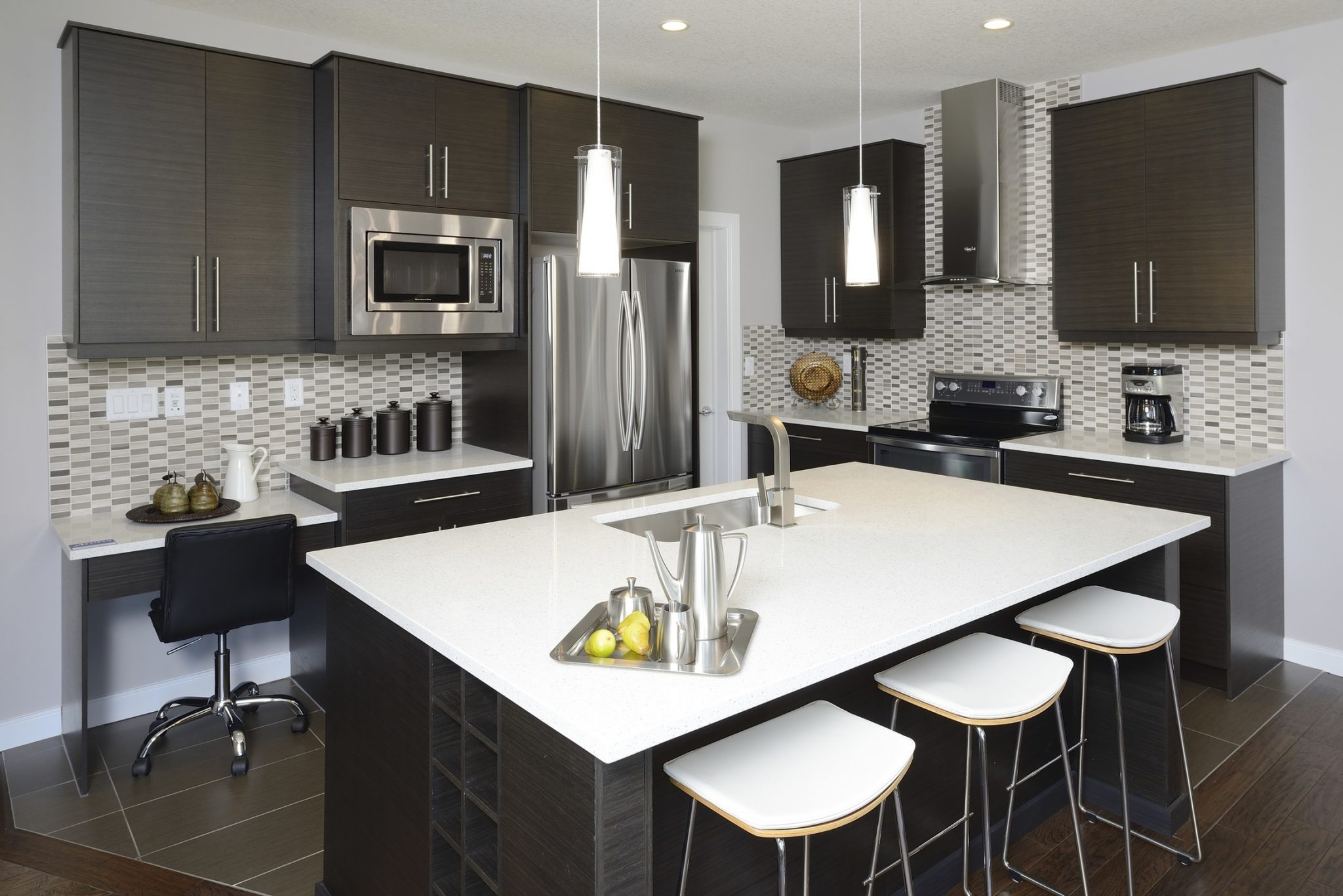 A beautiful, modern coffee engineered hardwood cabinet kitchen.