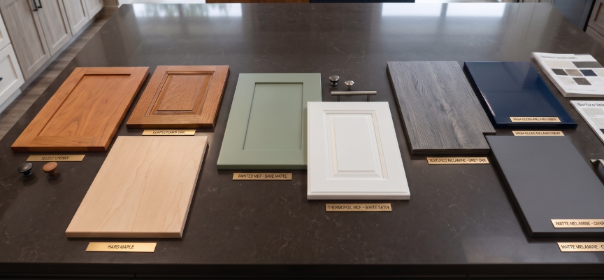 A countertop with various cabinet doors in wood, MDF, and melamine finishes.