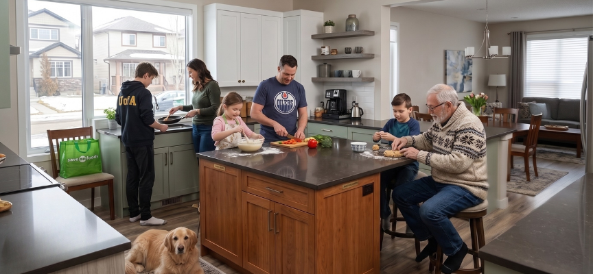An Edmonton home kitchen where the family is cooking and enjoying the space